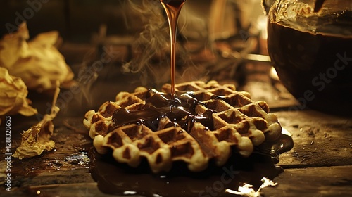 delicious waffle drizzled with rich chocolate sauce photo