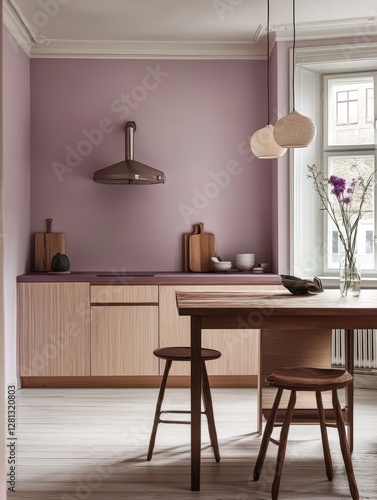 A modern kitchen with a purple color scheme and wooden furniture