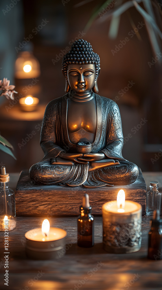 Fototapeta premium A bronze Buddha statue sits on an old wooden table, surrounded by two burning candles 