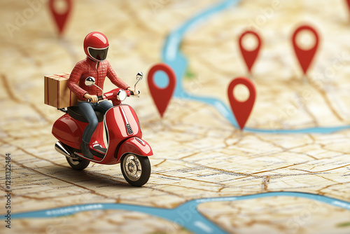 A delivery person on a scooter with a package is moving from location A to B, using a map and a pin-point marker icon vector illustration design concept for online marketing of food delivery services.
