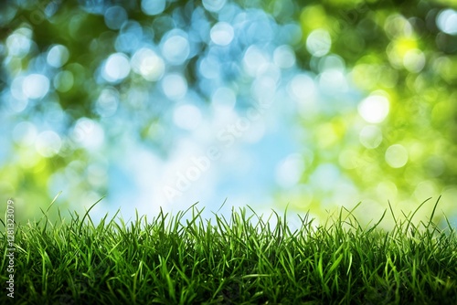 Fresh green grass against blurred spring nature background with blue sky and bokeh lights. Natural lawn meadow landscape for eco, environment, garden design with copy space