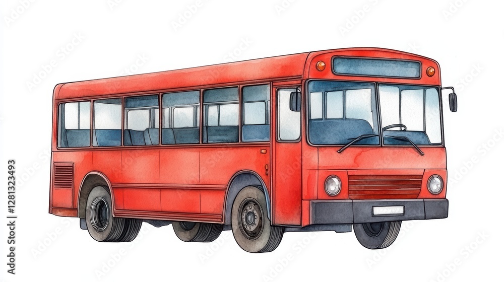 Vibrant watercolor painting of a classic red bus, captivating glimpse into city life Vibrant watercolor painting of a classic red bus, captivating glimpse into city life