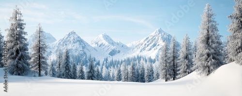 Wallpaper Mural A serene winter landscape featuring snow-covered mountains and evergreen trees under a clear blue sky. Torontodigital.ca