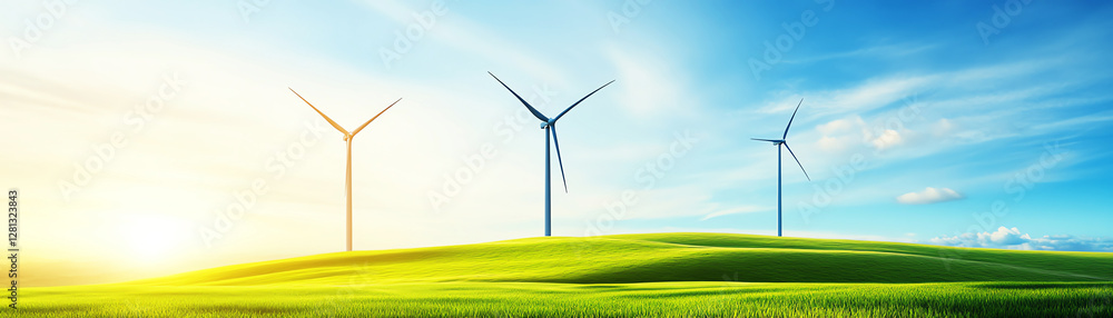 Fototapeta premium Wind turbines on a sunny hillside generating clean energy in vibrant green landscape.
