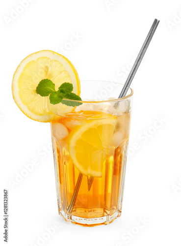 Refreshing iced tea with slices of lemon, mint and drinking straw in glass isolated on white
