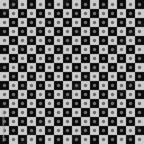 Checkered pattern with black and white squares and gray circles