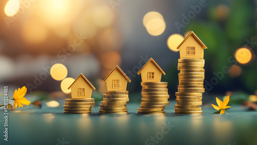 A stack of gold coins on top of four houses