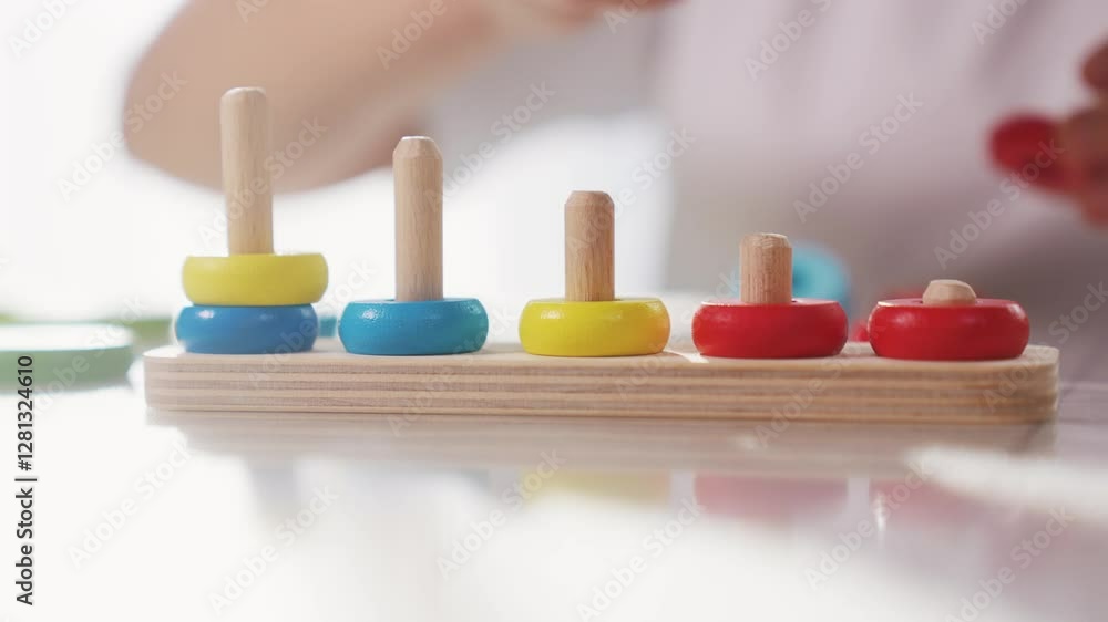 Child plays with toy r rings pyramid on table in kindergarten. Fun childhood leisure concept. lifestyle The child masters fine motor. skills. Child masters fine motor skills, educational game. Child plays with toy r rings pyramid on table in kindergarten. Fun childhood leisure concept. lifestyle The child masters fine motor. skills. Child masters fine motor skills, educational game.