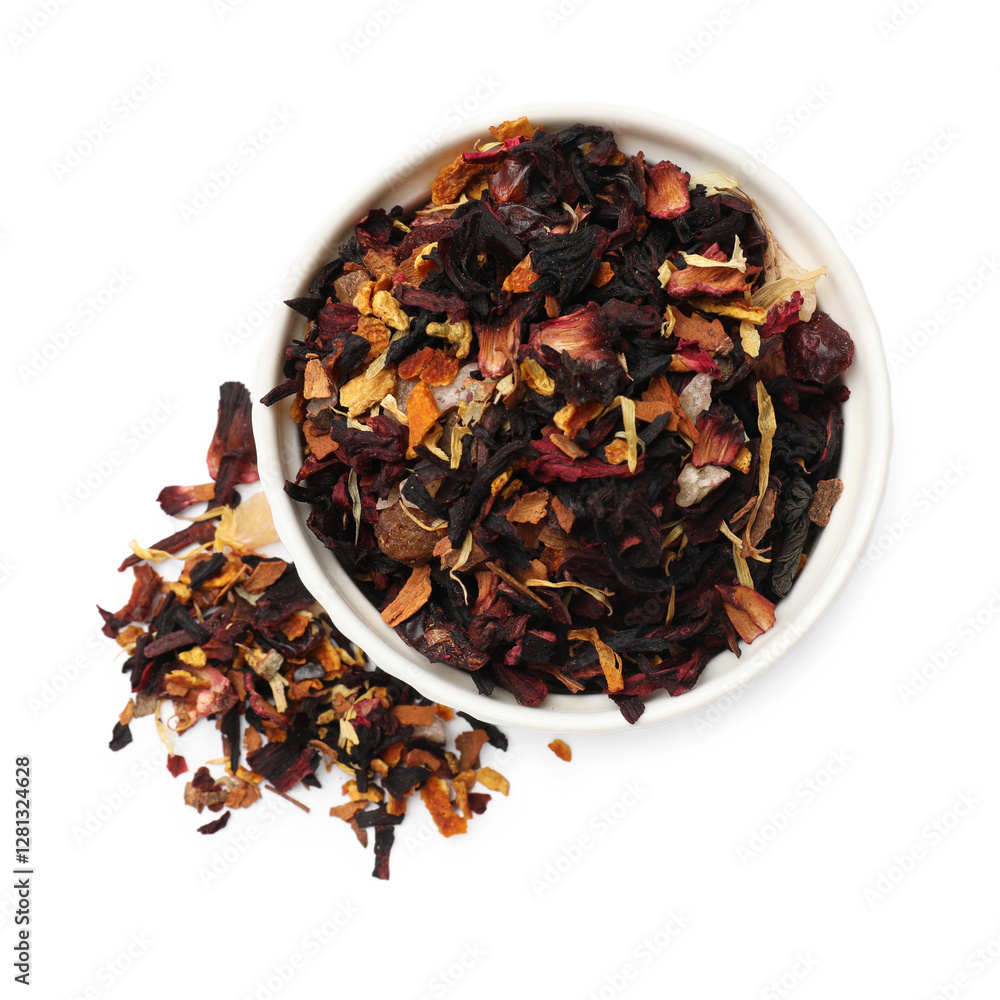 Dried tea leaves in bowl isolated on white, top view Dried tea leaves in bowl isolated on white, top view