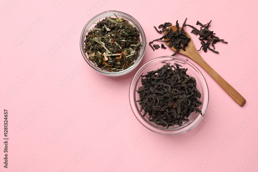 Fototapeta premium Different types of tea brew on light pink background, flat lay. Space for text