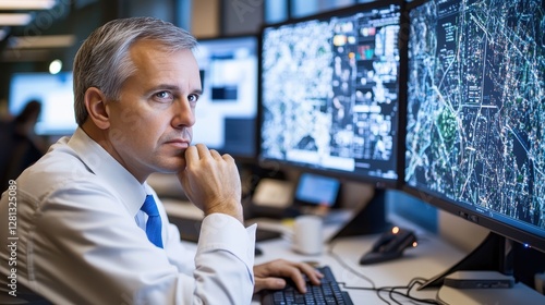 Wallpaper Mural Dedicated Businessperson Analyzing Data on Multiple Monitors in Dimly Lit Office Torontodigital.ca