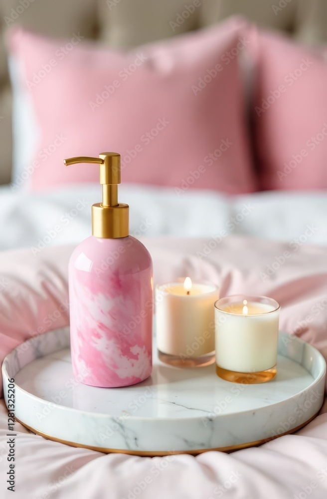 A pink marble soap dispenser and candles sit on a marble tray with pink bedding in the background.
Concept of: Relaxing home spa. A pink marble soap dispenser and candles sit on a marble tray with pink bedding in the background.
Concept of: Relaxing home spa.