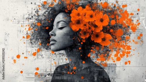 Woman portrait adorned with vibrant orange flowers against abstract background