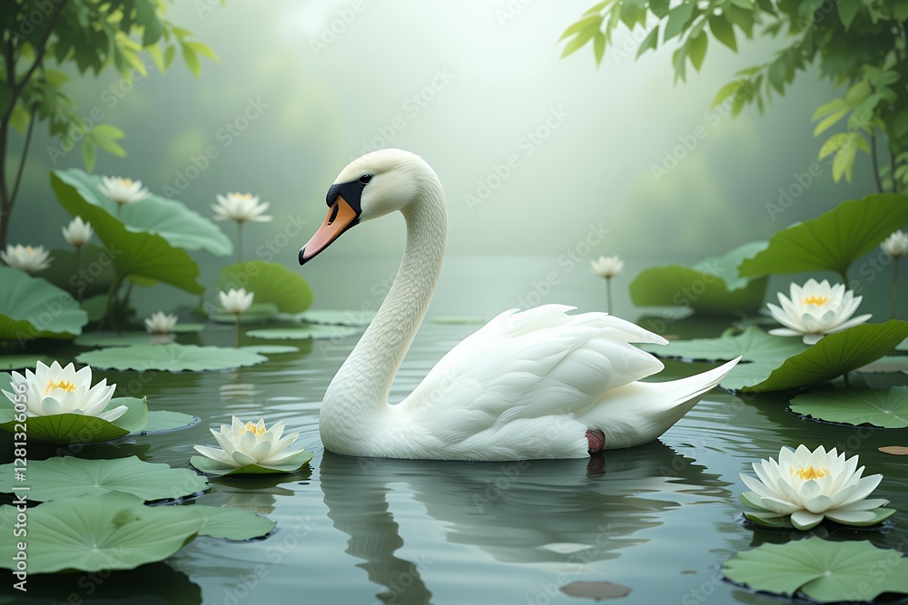 Obraz premium Serene White Swan Gracefully Swimming in a Misty Pond with Water Lilies