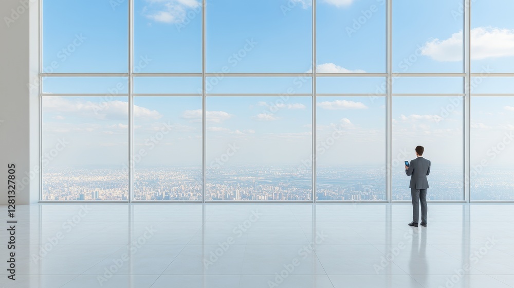 Fototapeta premium Modern Businessman with Smartphone in Stylish Suit Looking at Cityscape Through Window
