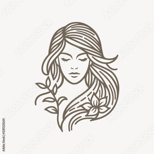 Natural beauty woman long hair vintage logo for salon or cosmetic product with line art style. Line art floral women logo design. creative vintage editable vector illustration.	 beautiful girl icon
