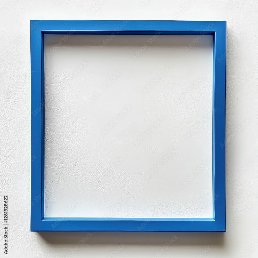 Square blue frame on a white textured wall. Symbolizing a blank canvas, it's perfect for highlighting art, photography, announcements, or a message. Square blue frame on a white textured wall. Symbolizing a blank canvas, it's perfect for highlighting art, photography, announcements, or a message.