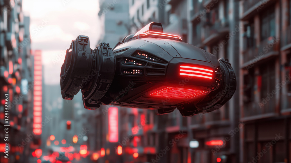 Retro Future Cityscape. Futuristic flying vehicle in a cityscape with red lights. Retro Future Cityscape. Futuristic flying vehicle in a cityscape with red lights.