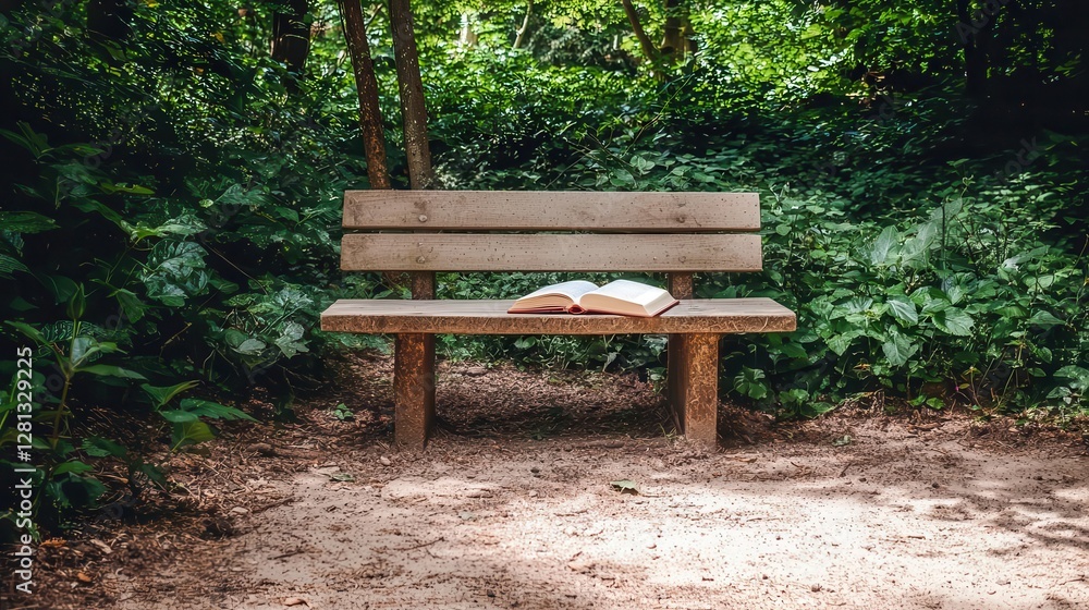 Serene Woodland Bench with Open Book Peaceful Reading Spot in Nature Serene Woodland Bench with Open Book Peaceful Reading Spot in Nature