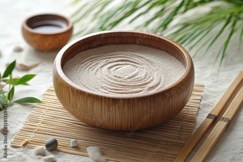 Wooden bowl filled with sand showing circular patterns Wooden bowl filled with sand showing circular patterns