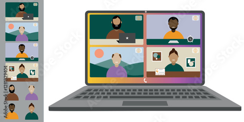 Video call conference, working from home. Colleagues of different nationalities and ages talk to each other on the laptop screen. Isolated illustration on white background in flat style trendy colors