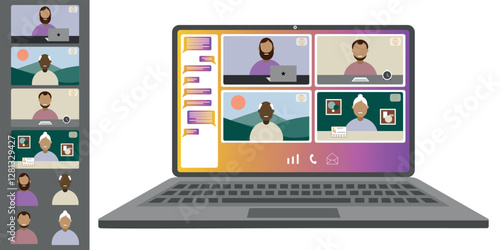 Video call conference, working from home. Colleagues of different nationalities and ages talk to each other on the laptop screen. Isolated illustration on white background in flat style trendy colors