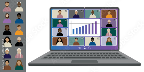 Video call conference, working from home. Colleagues of different nationalities and ages talk to each other on the laptop screen. Isolated illustration on white background in flat style trendy colors
