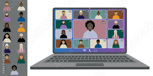 Video call conference, working from home. Colleagues of different nationalities and ages talk to each other on the laptop screen. Isolated illustration on white background in flat style trendy colors