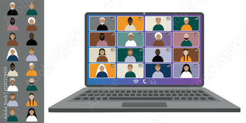 Video call conference, working from home. Colleagues of different nationalities and ages talk to each other on the laptop screen. Isolated illustration on white background in flat style trendy colors