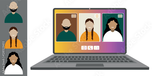 Video call conference, working from home. Colleagues of different nationalities and ages talk to each other on the laptop screen. Isolated illustration on white background in flat style trendy colors