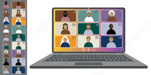 Video call conference, working from home. Colleagues of different nationalities and ages talk to each other on the laptop screen. Isolated illustration on white background in flat style trendy colors