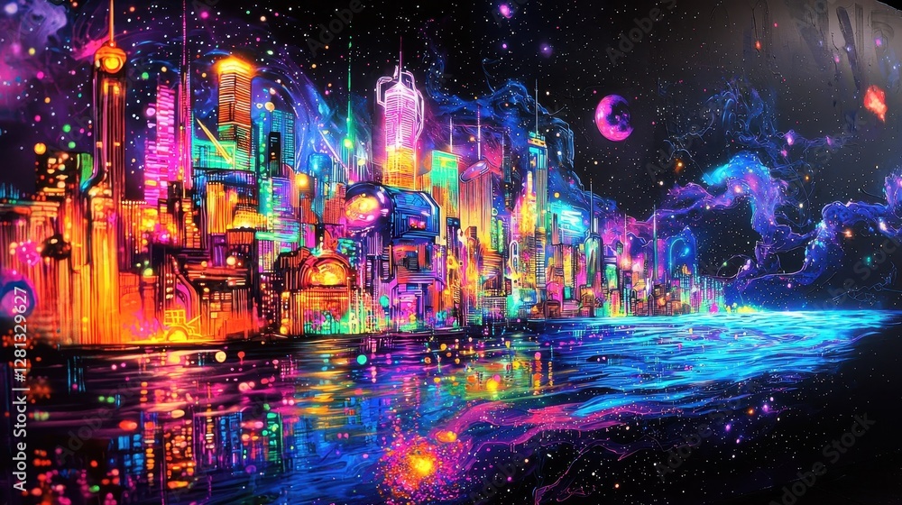 Vibrant Cyberpunk Graffiti Neon Cityscape with Galactic Elements Vibrant Cyberpunk Graffiti Neon Cityscape with Galactic Elements