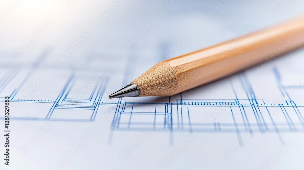 Closeup of pencil on blueprint, detailed technical drawing for architectural design Closeup of pencil on blueprint, detailed technical drawing for architectural design