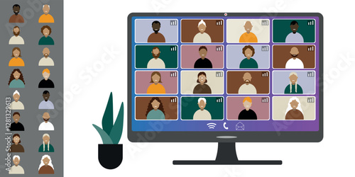 Video call conference, working from home. Colleagues of different nationalities and ages talk to each other on computer screen. Isolated illustration on white background in flat style trendy colors