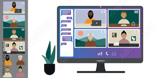 Video call conference, working from home. Colleagues of different nationalities and ages talk to each other on computer screen. Isolated illustration on white background in flat style trendy colors