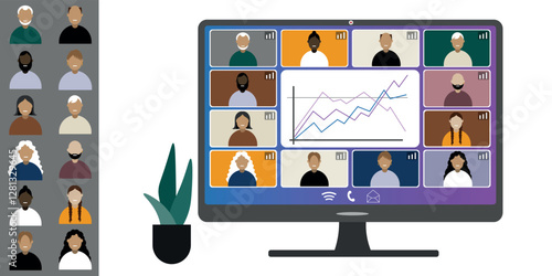 Video call conference, working from home. Colleagues of different nationalities and ages talk to each other on computer screen. Isolated illustration on white background in flat style trendy colors