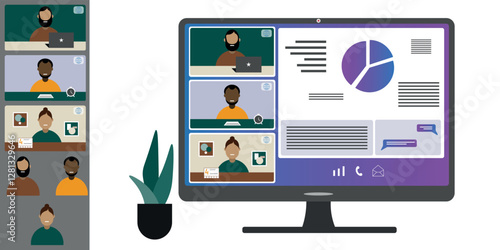 Video call conference, working from home. Colleagues of different nationalities and ages talk to each other on computer screen. Isolated illustration on white background in flat style trendy colors