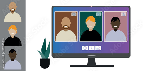 Video call conference, working from home. Colleagues of different nationalities and ages talk to each other on computer screen. Isolated illustration on white background in flat style trendy colors