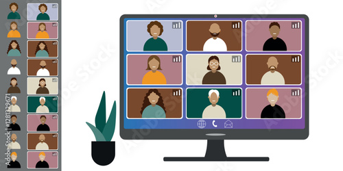 Video call conference, working from home. Colleagues of different nationalities and ages talk to each other on computer screen. Isolated illustration on white background in flat style trendy colors