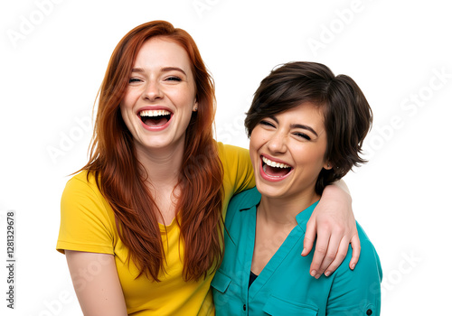 Two young women are having fun and friends are hugging each other, isolated