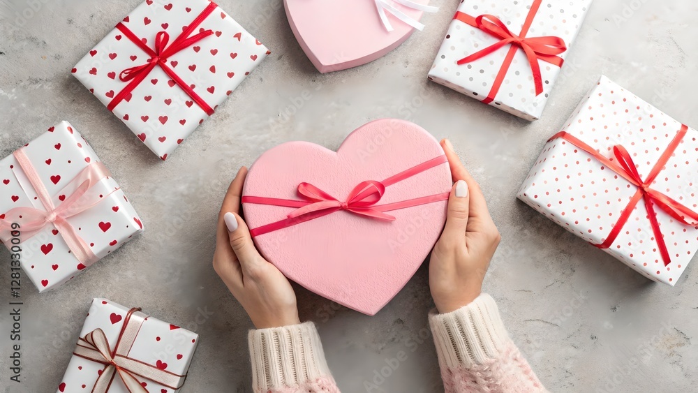 Woman Holding Heart Shaped Valentines Day Gift Surrounded by Presents