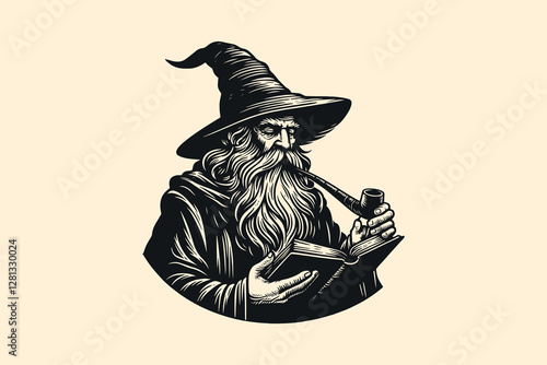 Old wizard reading a book and smoking a pipe, vintage engraving icon