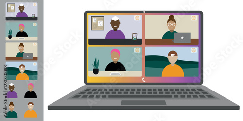 Video call conference, working from home. Colleagues of different nationalities and ages talk to each other on the laptop screen. Isolated illustration on white background in flat style trendy colors
