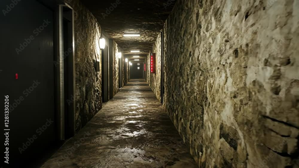 Dimly lit stone corridor with walls and doors in an old building at night Dimly lit stone corridor with walls and doors in an old building at night