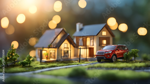 A red car is parked in front of a house