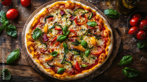 Wallpaper Mural freshly baked pizza topped with vibrant vegetables and basil on rustic wooden table Torontodigital.ca