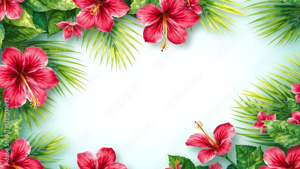 A bright and exotic tropical-themed background with vivid green palm leaves and colorful hibiscus flowers framing the edges, leaving a clean center space for text placement A bright and exotic tropical-themed background with vivid green palm leaves and colorful hibiscus flowers framing the edges, leaving a clean center space for text placement