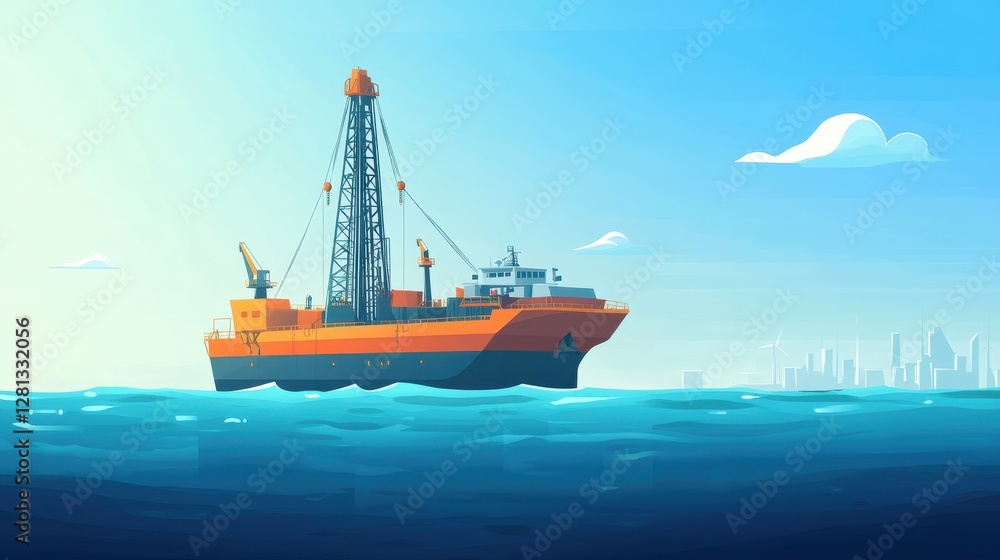 Fototapeta premium Offshore Drill Vessel Navigating Turquoise Waters: A Symbol of Energy and Construction Amidst Ecological Considerations