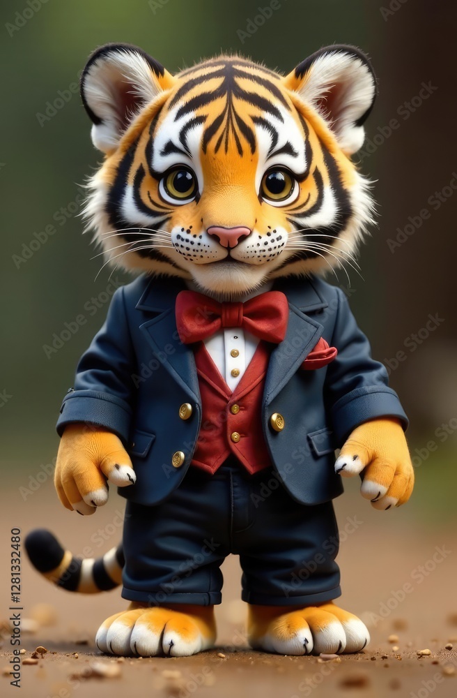 A cute baby tiger dressed in a tailored blue suit with a red bow tie and waistcoat stands looking dapper.
Concept of animal elegance. A cute baby tiger dressed in a tailored blue suit with a red bow tie and waistcoat stands looking dapper.
Concept of animal elegance.