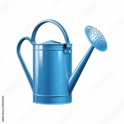 Realistic blue metal watering can with a long spout and perforated showerhead, classic gardening tool for watering plants, isolated on transparent background.